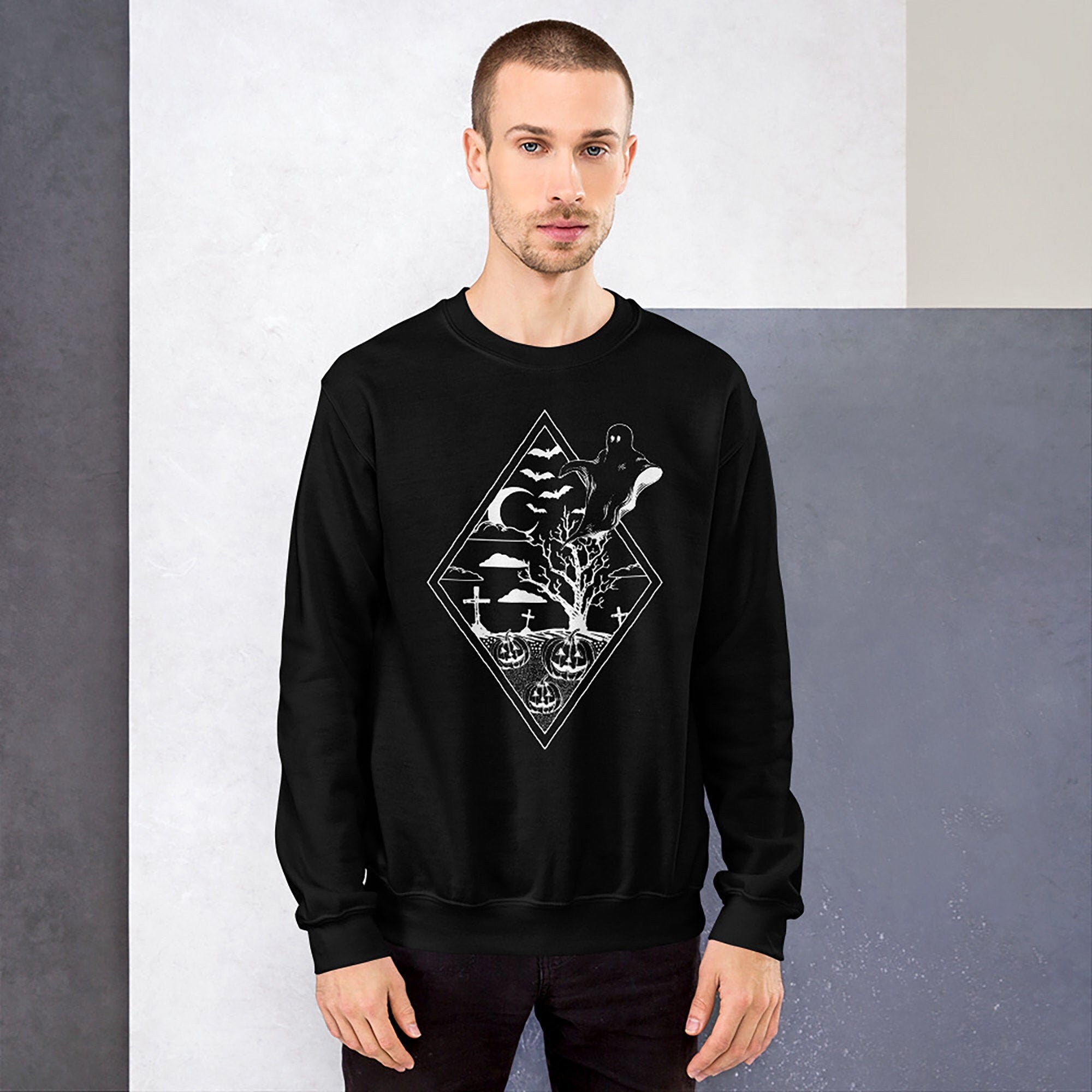 Halloween Shirt | Unisex Heavy Blend Crewneck Sweatshirt/Hoodie Pagan Jack-O-Lantern Ghost Cemetery Cross Crescent Moon Bats