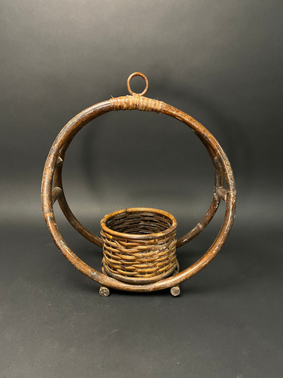 Japan Bamboo Basket Flower Vase, Hanging Ikebana, Hanaire Hanakago H16.5" Circle Design. All Handmade