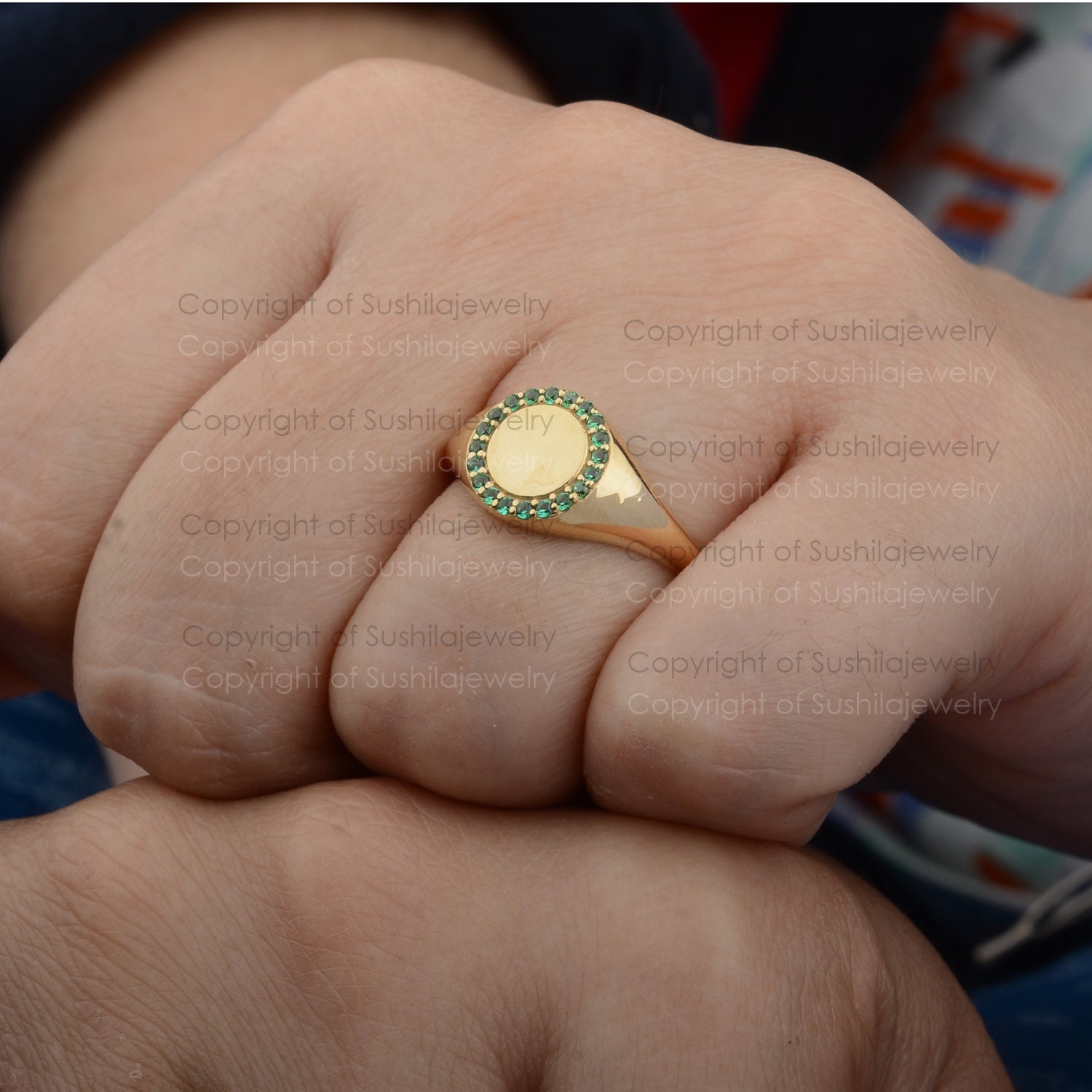 Genuine 0.15 Ct. Zambia Emerald Gemstone Signet Ring in Solid 14K Yellow Gold Handmade Minimalist Wedding Engagement