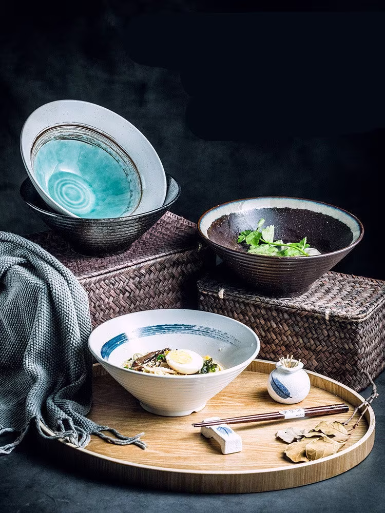 Handmade Japanese Style Ceramic Large Ramen Bowls With Chopstick | Asian Salad Serving Dishware Noodle Dinnerware