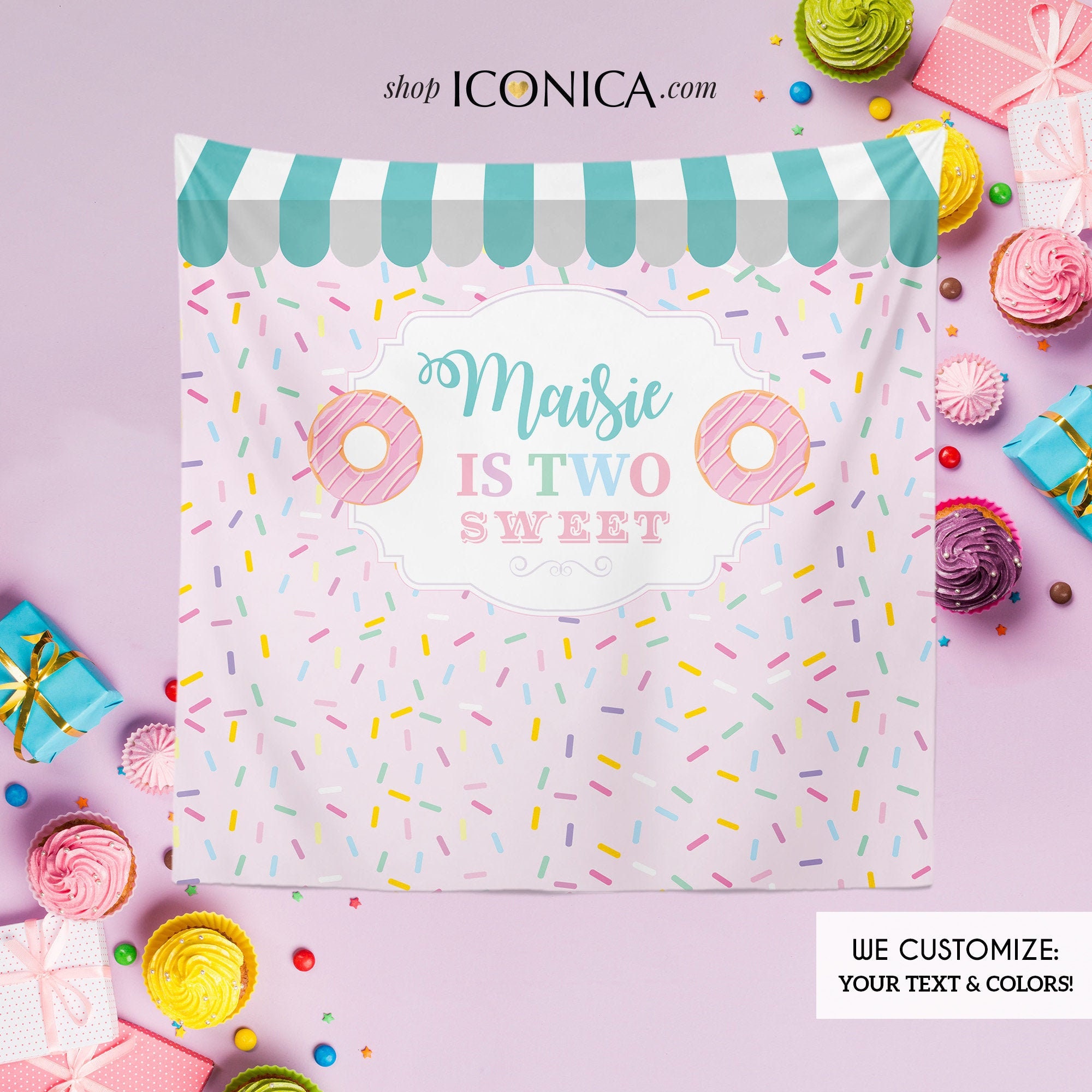 Donut Birthday Party Backdrop, Two Sweet Birthday, Shop Decor, Sprinkles Party, Any Text Or Age, Printed Printable File