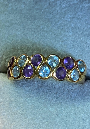 Vintage 10K Yellow Gold Amethyst & Blue Topaz Ring~Size 7