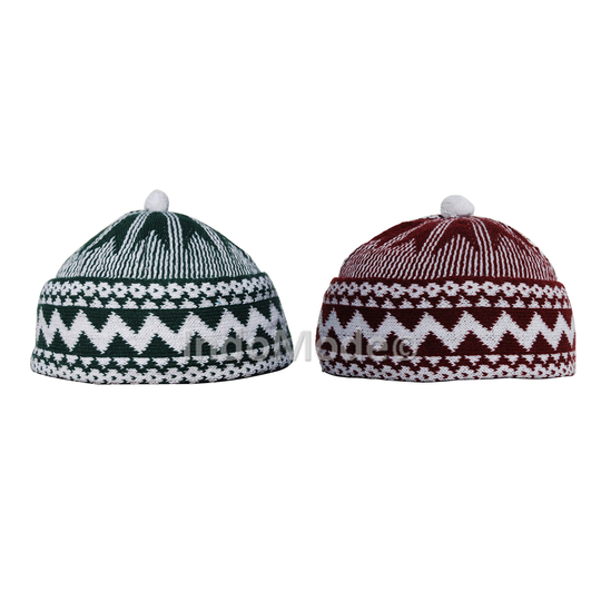 Thekufi® Set Of 2 Cotton-Blend Stretchy Zigzag Design Beanie Kufi Caps With Ball On Top Dark Green & Maroon - Ship From Turkey