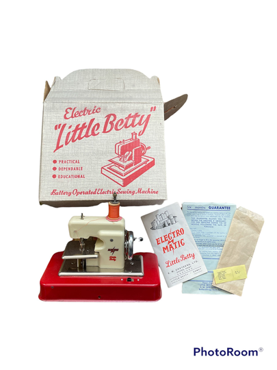Vintage 60's Electric Little Betty Red Child's Toy Crank Sewing Machine Original Box Instructions Made in England