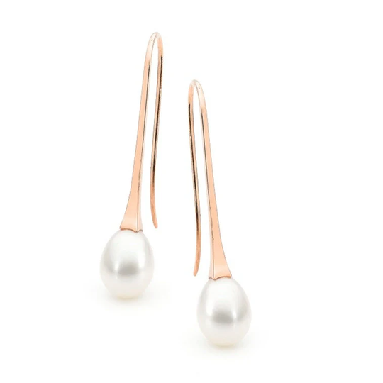 Rose Gold Long White Freshwater Pearl Drop Earrings