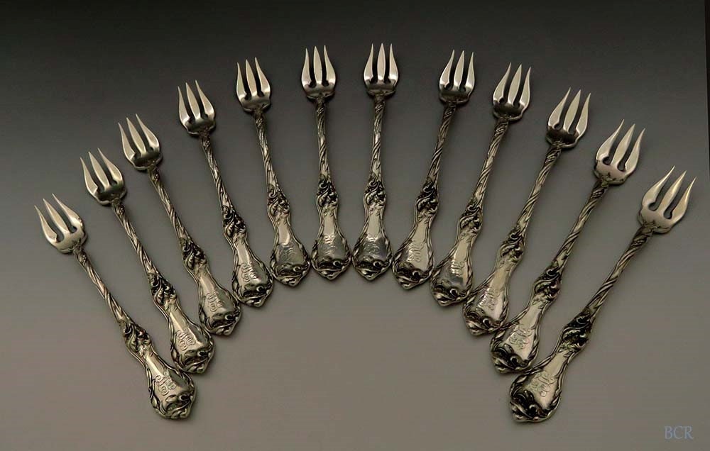 12 Reed & Barton Les Cinq Fleurs Sterling Silver Cocktail Seafood Forks 1900