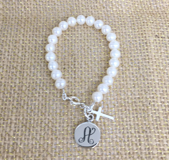 Custom Made Baptism Gift Christianing Cultured Freshwater Pearl Bracelet With Silver Round Disc Great