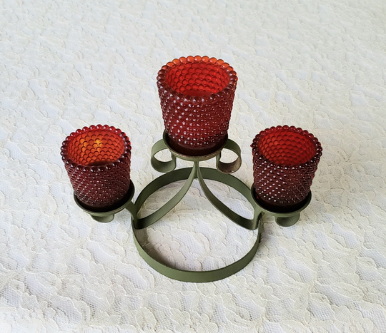 Vintage Wrought Iron & Hobnail Candelabra Centerpiece Antique Green Scrollwork & Red Glass Votive Candle Holder Table Top Primitive Metal