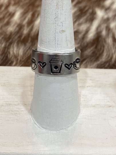 Coffee Lovers Statement Ring, Gift, Latte Gift, Stocking Stuffer, Coffe Cup Ring, Coffee Mug Handstamped Ring
