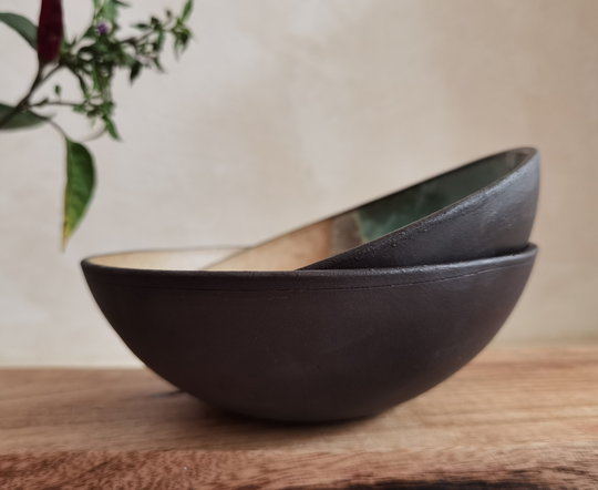 Set Of Two Ceramic Soup, Beige & Turquoise Bowls, Pottery Handmade Deep Dinner Serving Bowls, Ramen Bowls