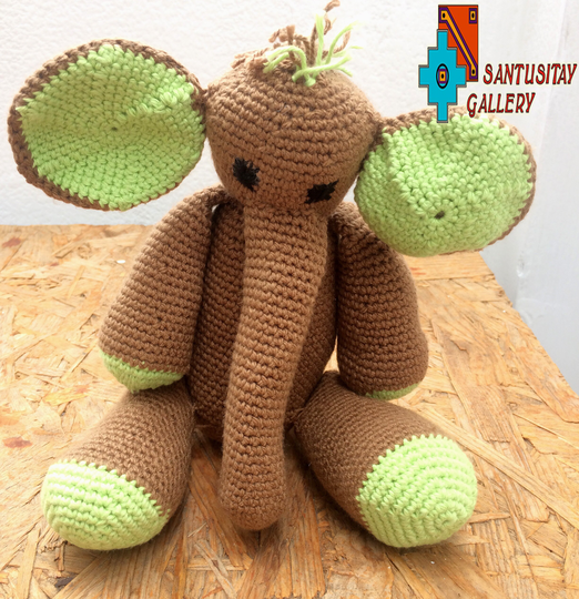 9 Inch Coffee & Mint Cute Elephant Hand Crafted Crochet Toy For Kids Amazing Gift Funny Mascot Beige Brown Cotton