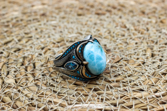 Larimar Men's Ring, Handmade Turkish Silver Men Ottoman Jewelry, Gift For Him, 925 Sterling Ring