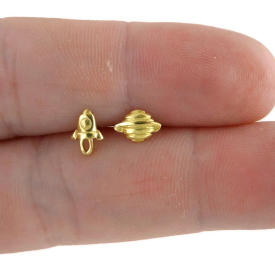 Tiny Saturn & Rocket Ship Earrings in Sterling Silver, Planet Earrings, Dainty Mismatched Studs