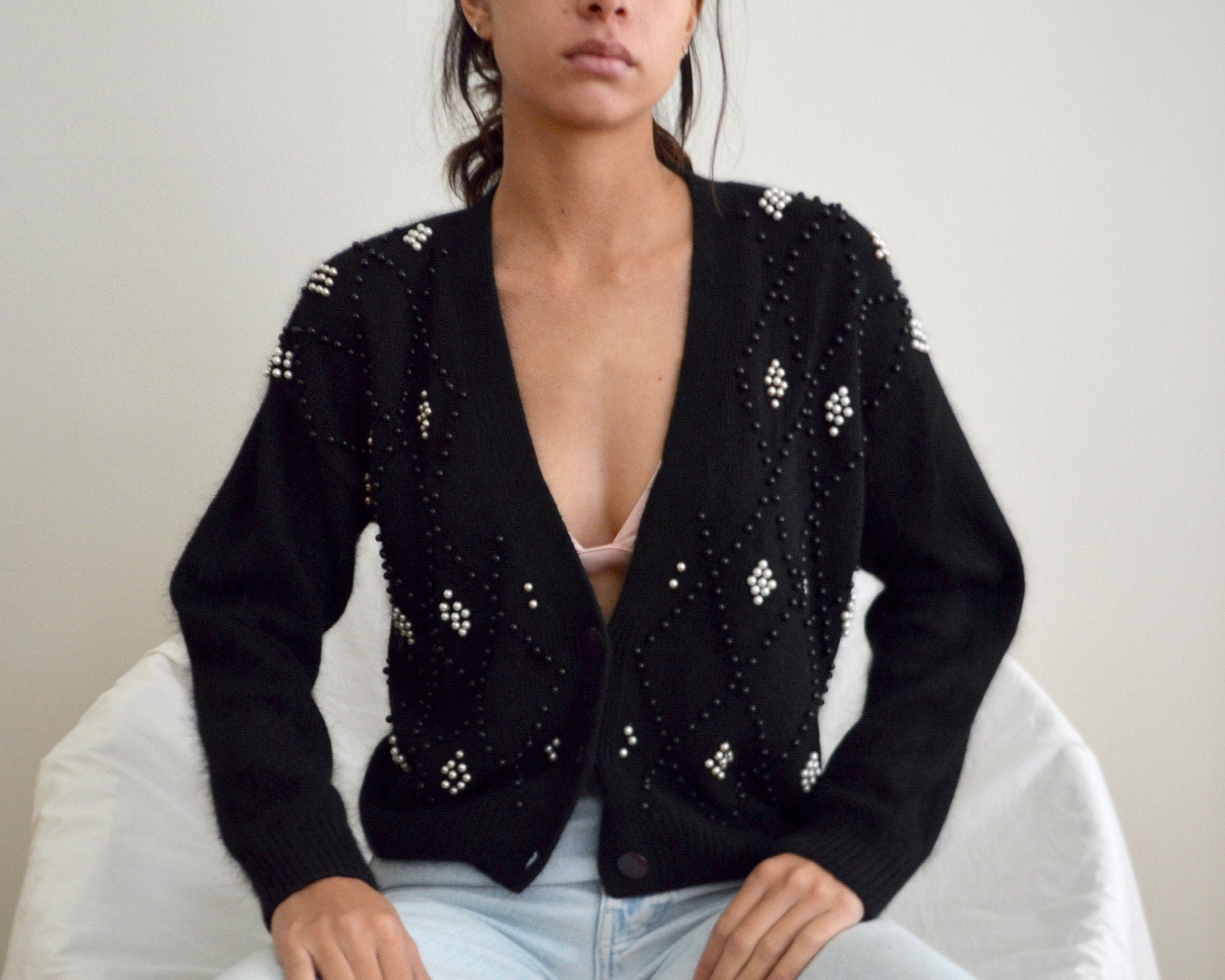 Pearl Beaded Silk & Angora Blend Plunge Cropped Cardigan