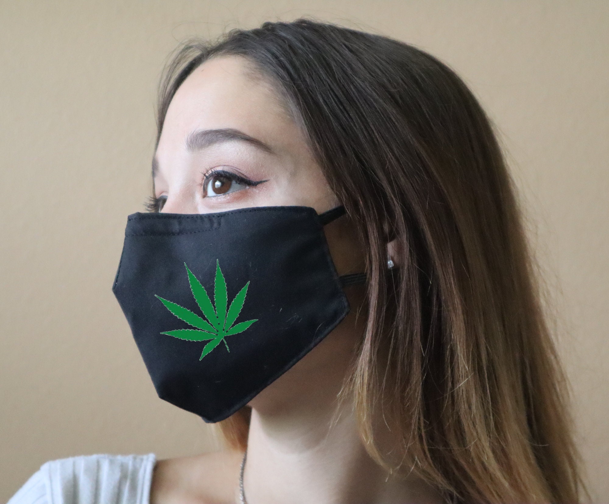Handmade Cotton Blend Customizable Face Masks With Adjustable Ear-Loops - Pot Leaf Adult Large 10 X 6.5"