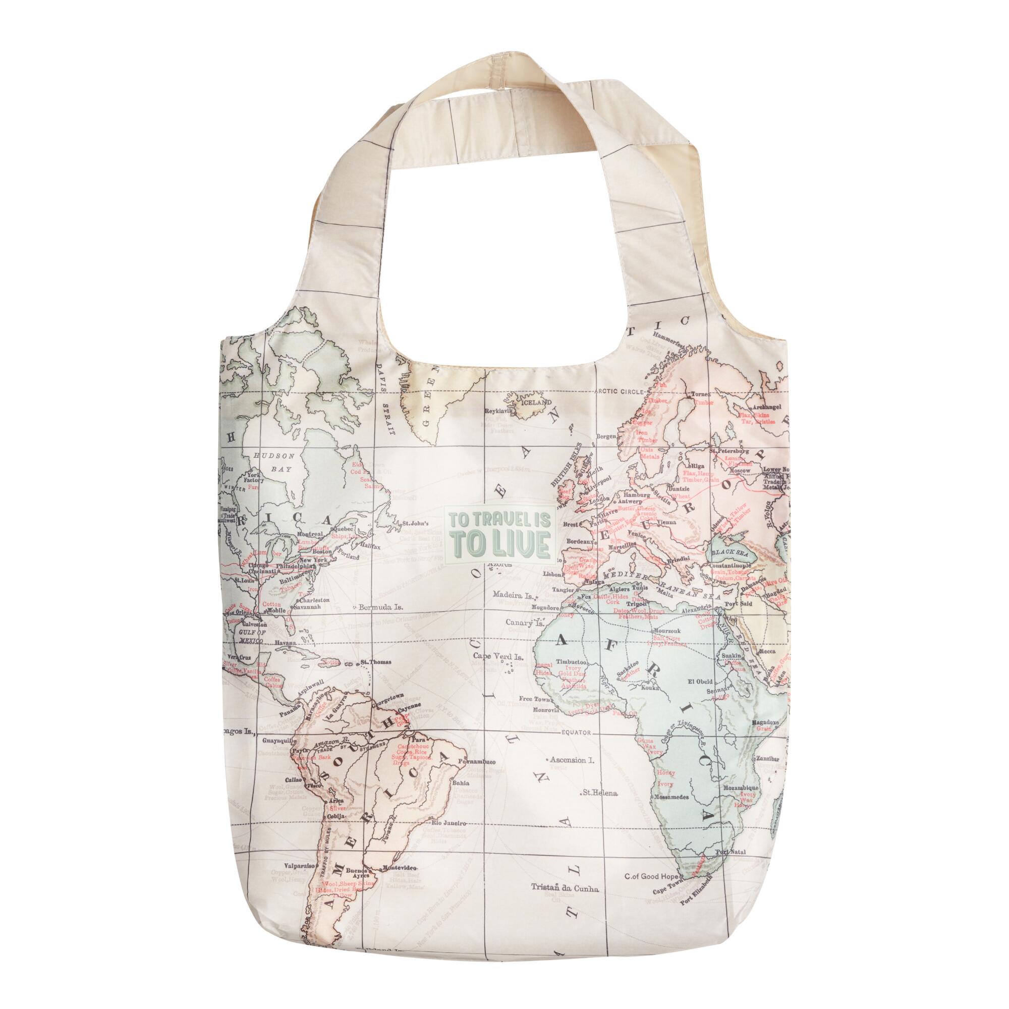 World Travel Map Foldable Tote Bag: Multi - Fabric by World Market