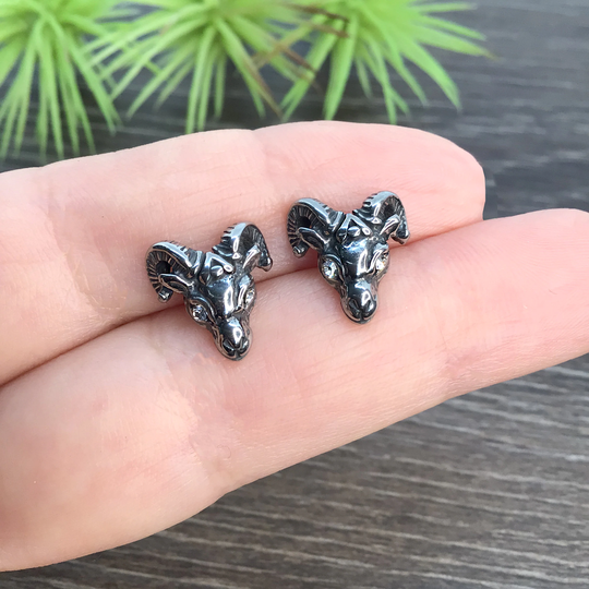 Ram Earrings, Studs, Gothic Gothic Stainless Steel Jewelry, Small Mens Studs