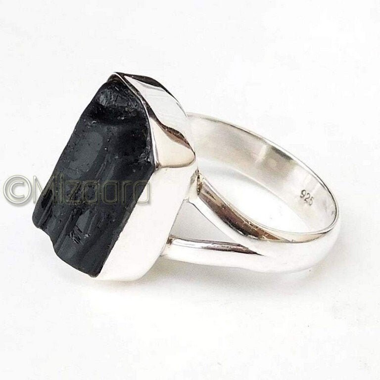 Black Tourmaline Silver Ring 925 Sterling Natural Rough Gemstone Handmade