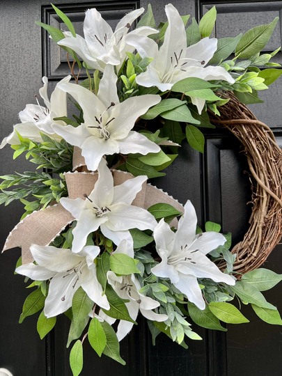 Easter Lily Wreath For Front Door, Spring & Summer Entryway Decor, Grapevine Indoor Or Outdoor Use