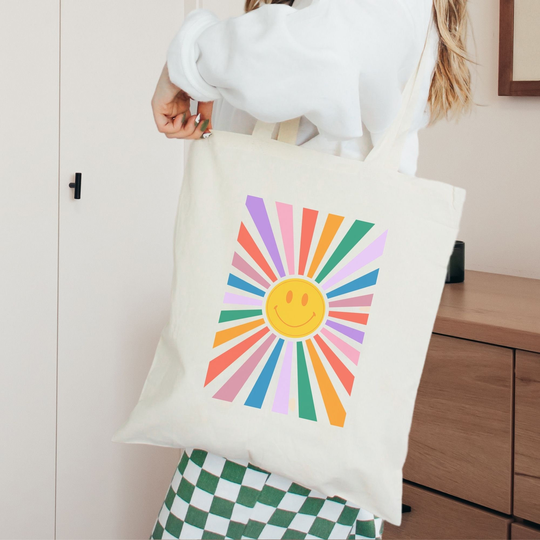 Sunburst Happy Face Tote | Positivity Tote, Happy Tote Bag, Canvas Bag, Green Reusable Tote, Cute Preppy Trendy