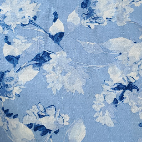 Woven Cotton Linen Blend, Very Pretty Blue & White Floral On Blue. Nice Breathable Fabric. No Stretch Woven, Sold By The 1/2 Yard