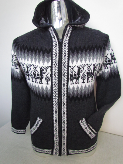 Alpaca Blend Small Hooded Sweater/ Peruvian Unisex Sweater With Llama Design/Cardigan Pullover Zipper Jacket/Llama Sweater