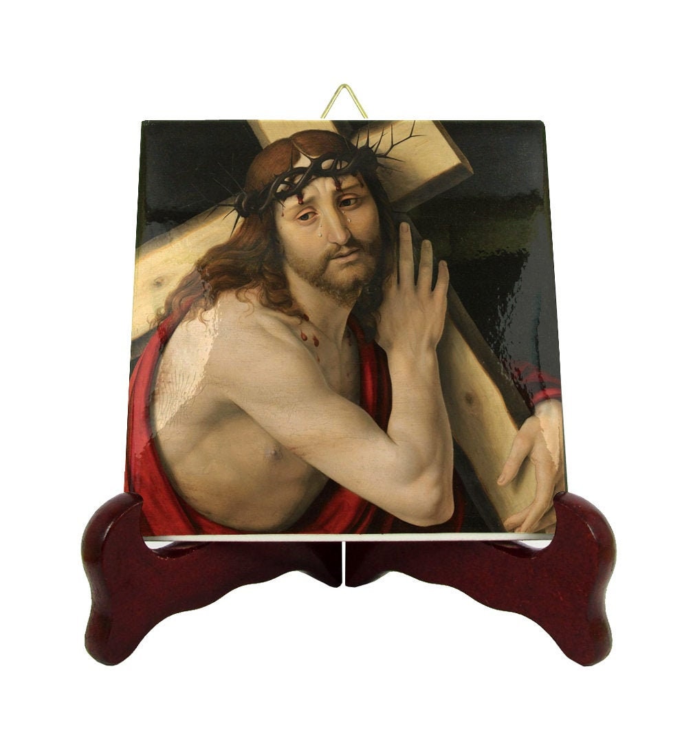 Religious Gifts - Christ Carrying The Cross Icon On Tile Devotional Art Jesus Christian Arts