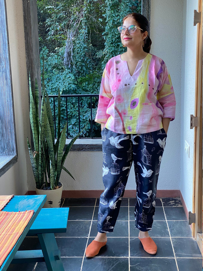 Blended Beauty Top With Black Free Thinker Pants Ensemble | Linen Women 100% Pure Irish Bird Theme Available in All Sizes