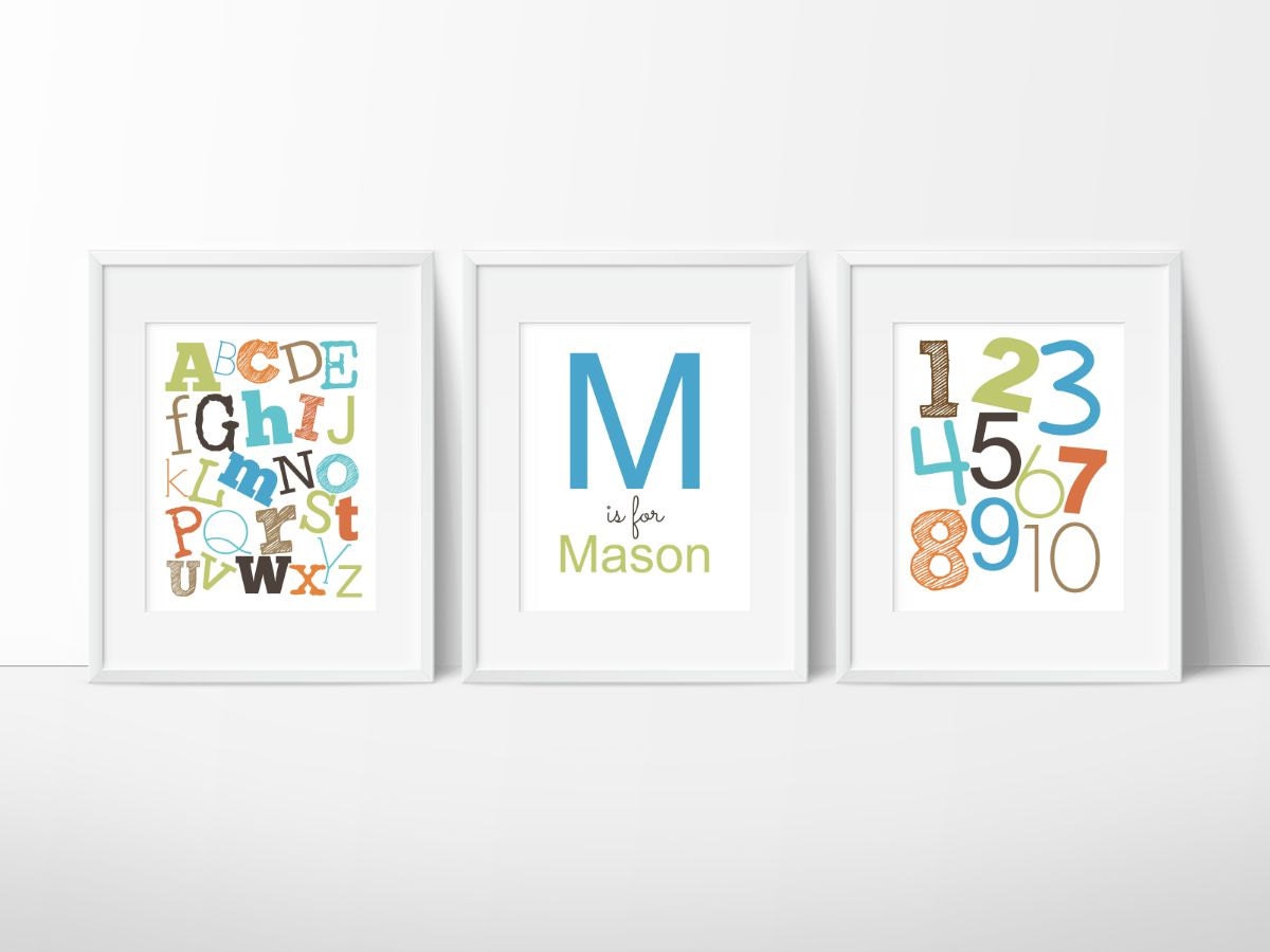 Abc Wall Art - 123 Print Nursery Decor Prints Personalized Name Gift For Newborn Set Of 3