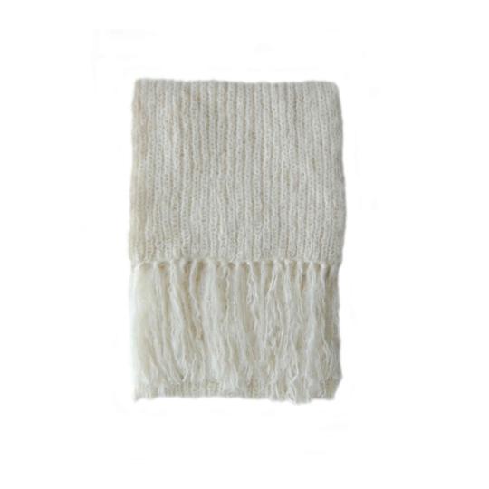 Women's Scarf Rib Knitted in A Soft Light Alpaca Blend With Long Fringes, Color Creme White, Handknitted Fair Trade