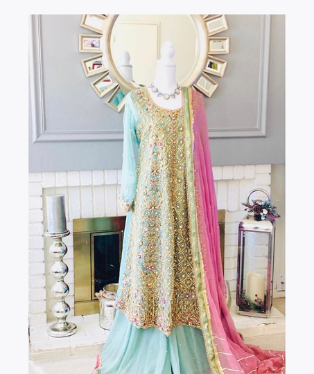 Beautiful Mint Green Maxi Style Frock Kameez Paired With Chiffon Lehenga & Embroidered Dupatta, Bridesmaid Dress
