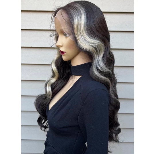 Wavy Brown/Caramel, Money Piece Lace Front 13x6 Part Human Hair Blend Daily Wig