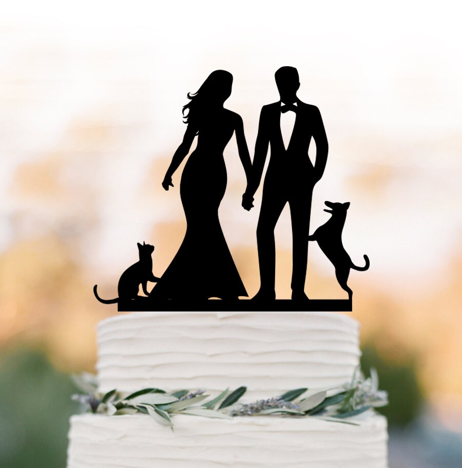 Unique Wedding Cake Topper With Cat, Bride & Groom Silhouette Wedding Cake Dog, Funny Animal