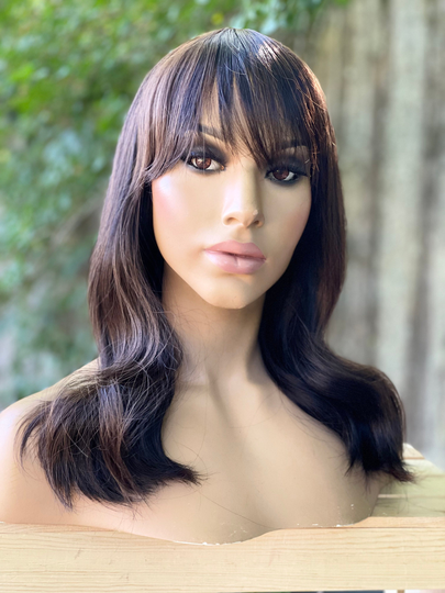 Human Hair Blend Wig Brown Wig 4/30 14" Wavy Auburn With Bangs Full Cap