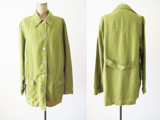 Lime Green Linen Blend Jacket M L - Vintage 90S Chore Natural Fiber Solid Color