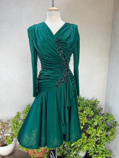 Vintage Disco 80S Ruched Emerald Green Dress Sequins Floral Accent By Filigree Ltd Collection Sz 6 P