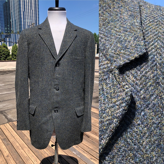 Mens Tweed Wool Dark Green Blue Herringbone Striped Woven Jacket Blazer Sport Coat Vintage 38 R 1980S 80S 1970S 70S Heather 38R Regular Nice
