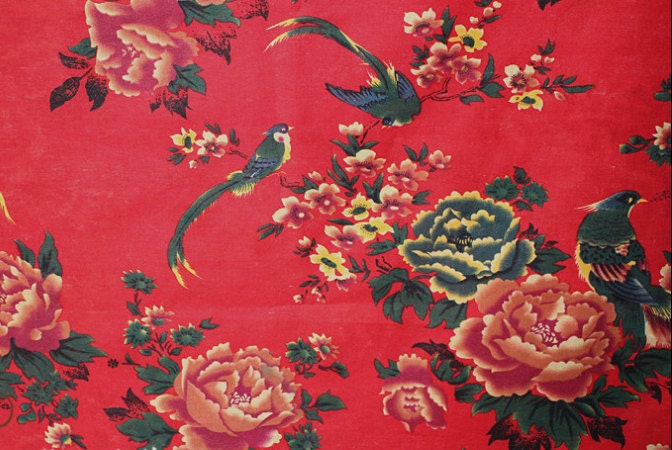 Breathable Soft Chinese Folk Style Flower Peony & Birds Pattern Red Cotton Linen Fabric One Yard For Chengsam Dress Diy
