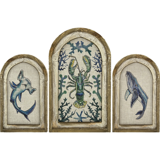 Set Of 3 Coastal Wall Decor | Nautical Hammerhead Shark, Lobster, & Whale Art | 1 18" X 30" | 2 14" 22"