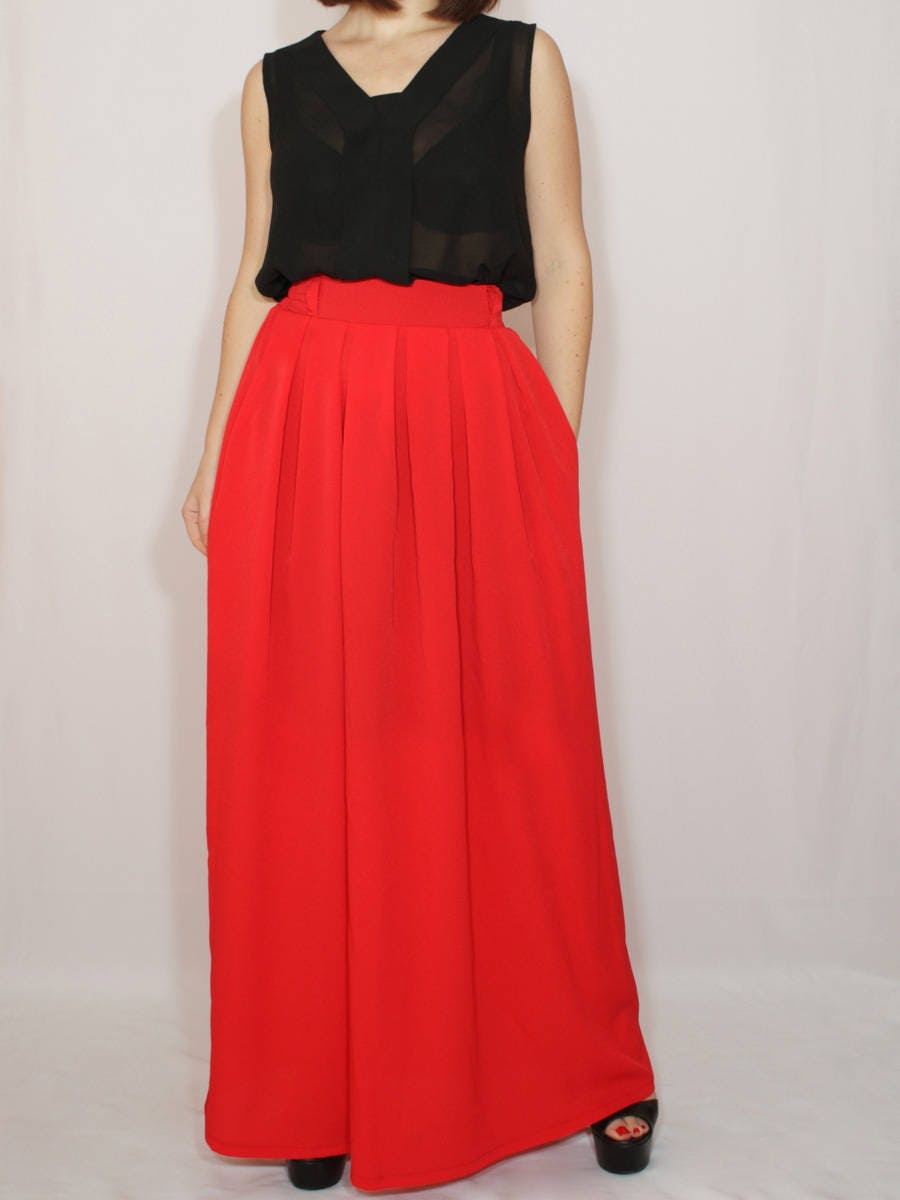 Long Red Chiffon Skirt With Pockets, Maxi Skirt, High Waist