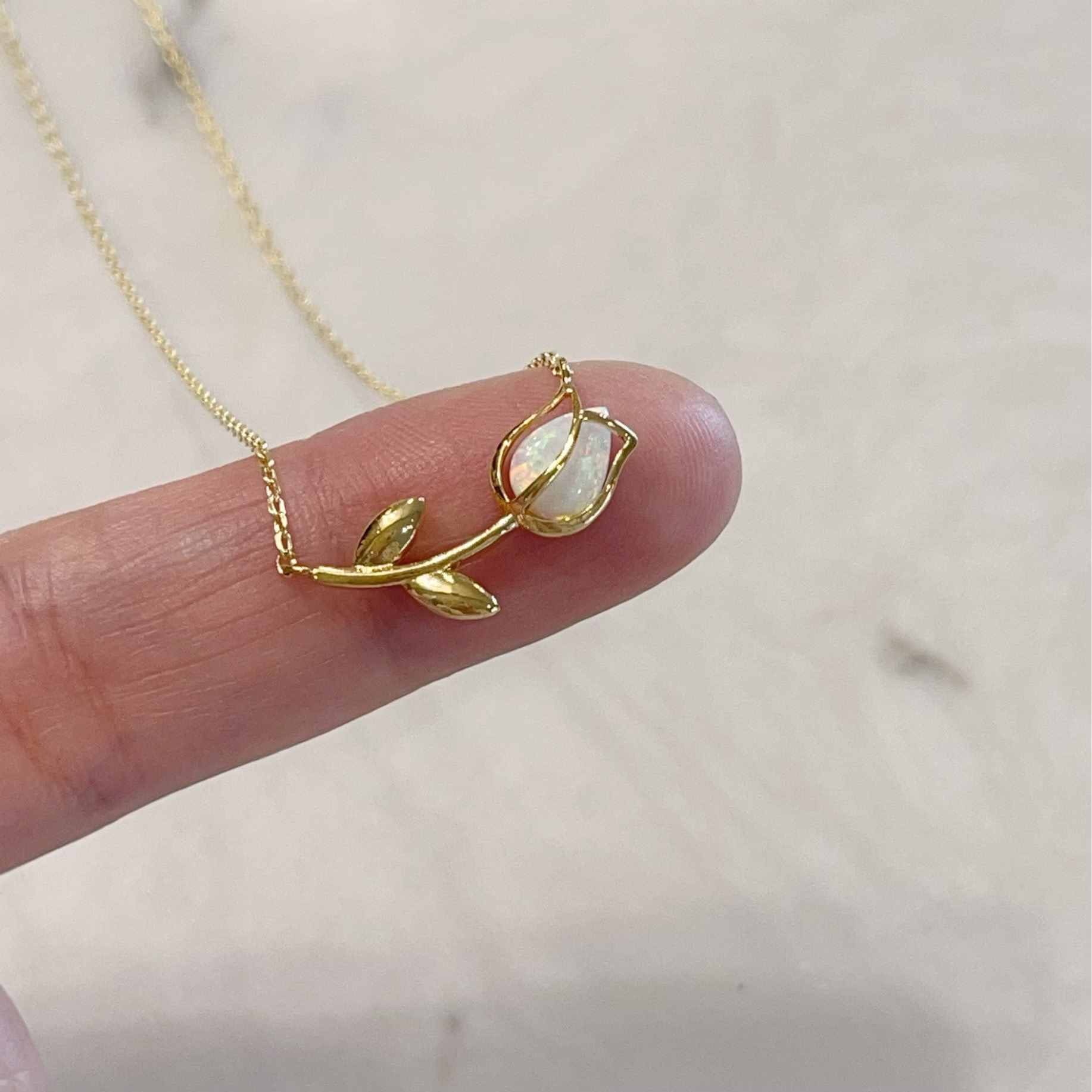 Tulip Necklace, White Opal 18K Gold Dipped Necklace