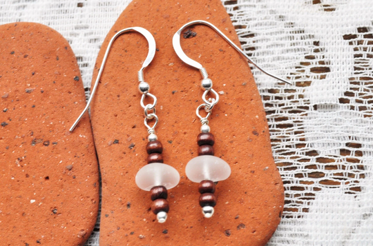 Genuine Sea Glass White Earrings Sterling Silver With Wooden Beads 2890