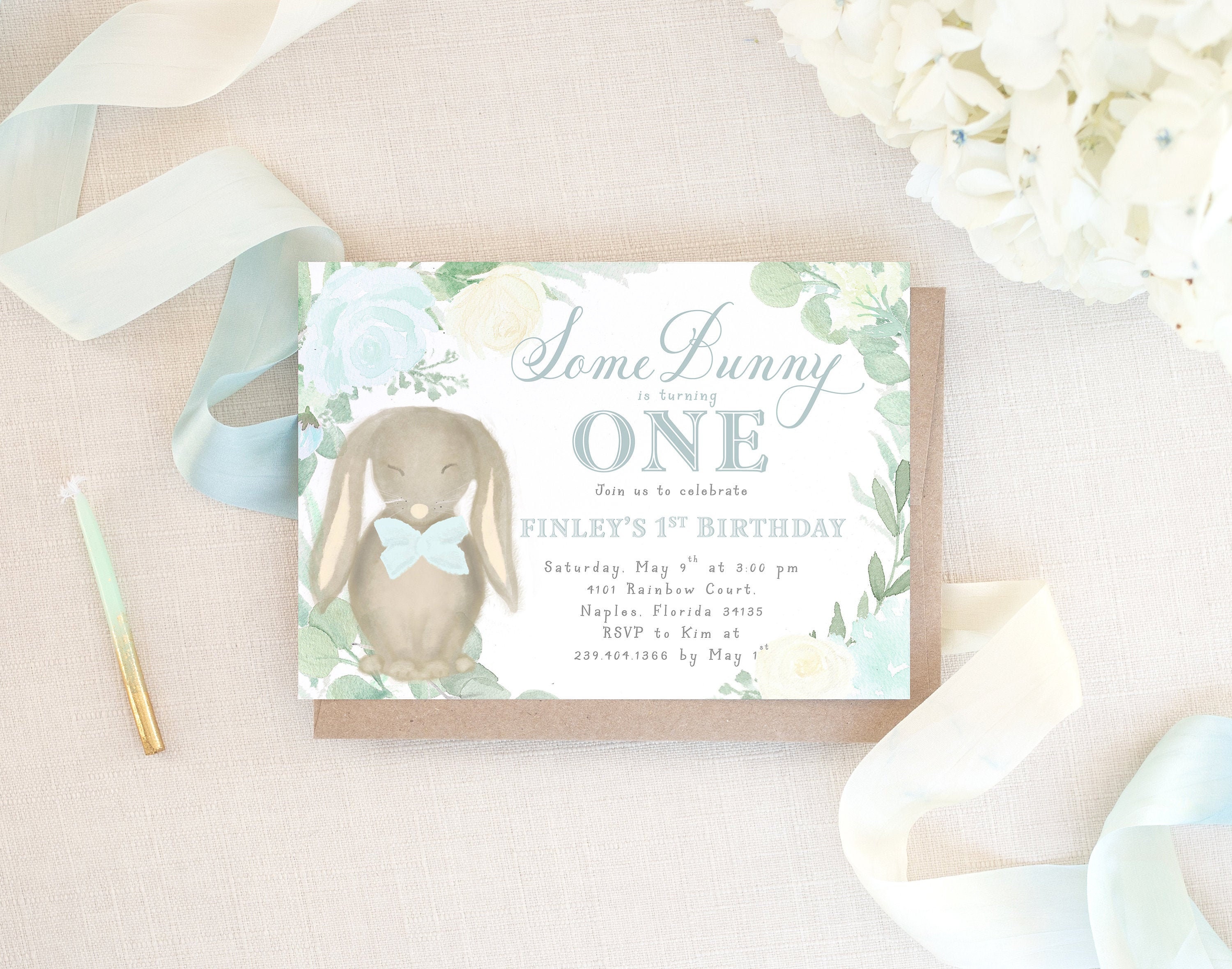 Boy Bunny First Birthday Invitation, Some Is Turning One 1st Invite, - Finley