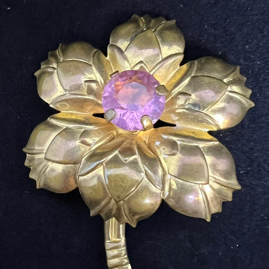 Vintage Gold Tone Pink Rhinestone Brooch | 2667