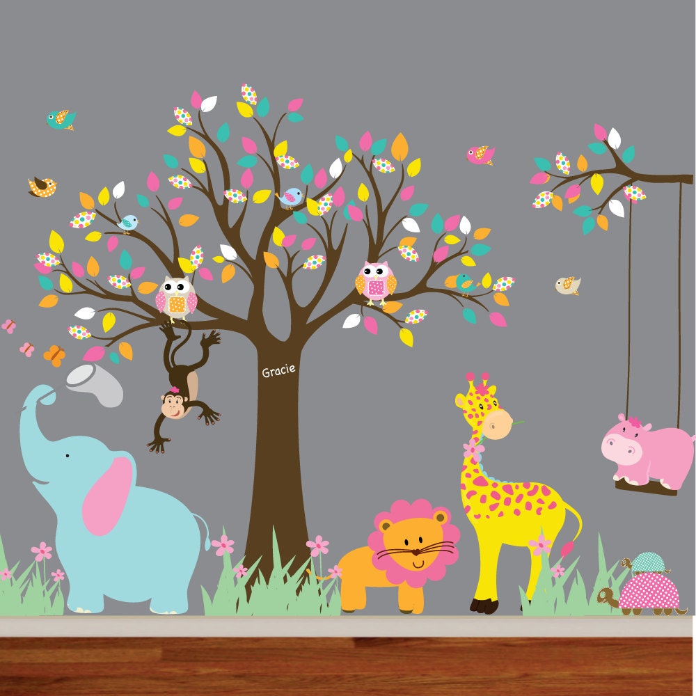 Vinyl Wall Decal Jungle Safari Tree Monkeys Elephant Giraffe Art Decals Nursery Kids Boy Girl
