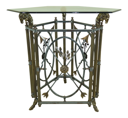 32369Ec Labarge Rams Head Brass & Iron Glass Top Center Table