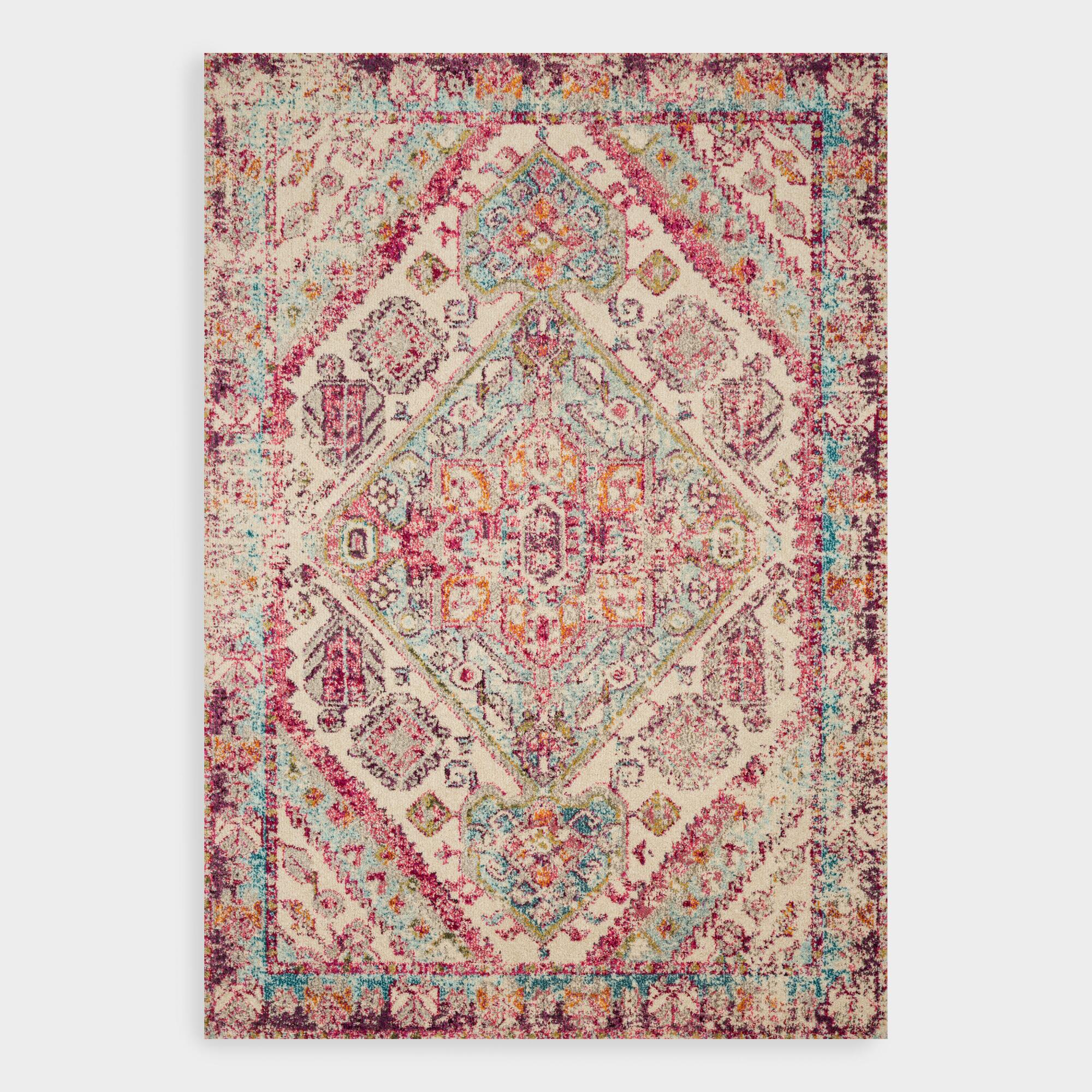 Aqua and Pink Geometric Medallion Nadine Area Rug - Polypropylene - 6' x 9' by World Market