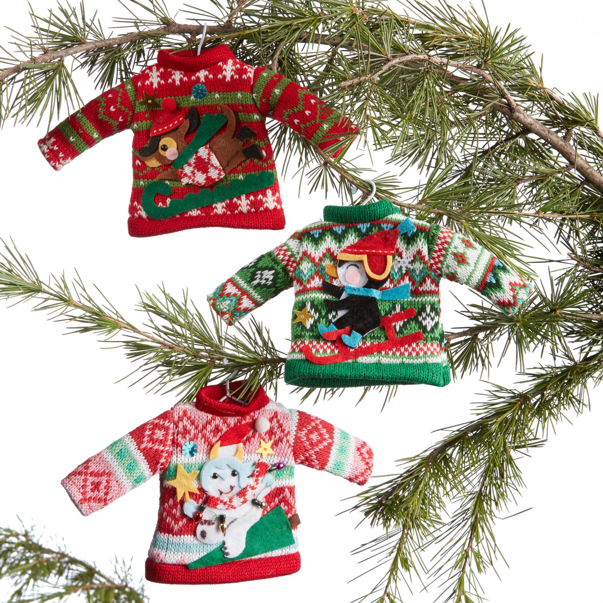 Knit Chalet Holiday Sweater Ornaments Set of 3: Multi - Fabric by World Market