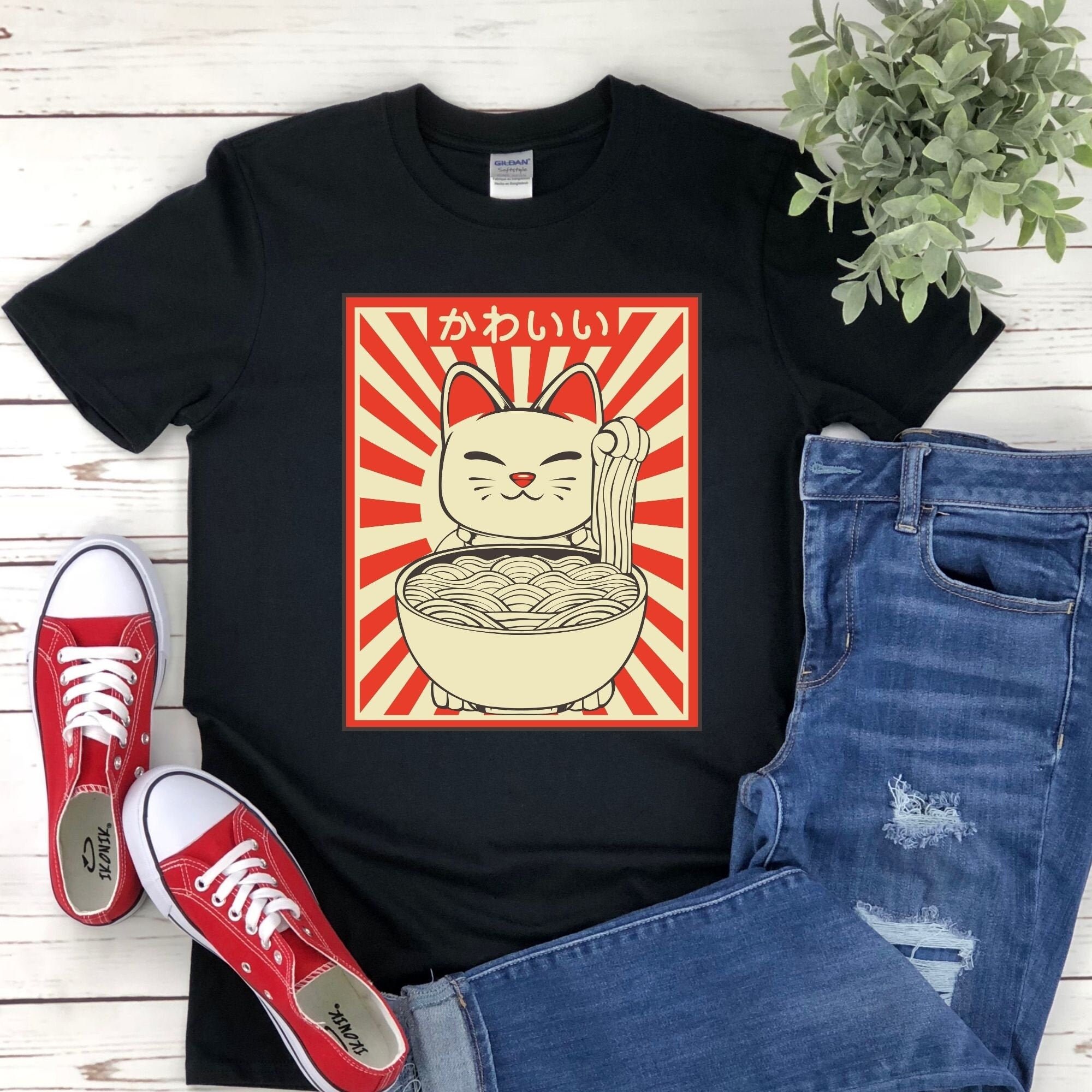 Vintage Kawaii Cat Anime Retro Japanese Aesthetic Neko Pets Ramen Noodles Food Lover Cartoon Kitty Otaku Manga Japan Fan T-Shirt Hoodie Tank