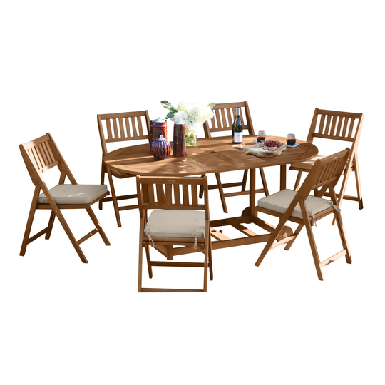 Oval Eucalyptus Lira 7 Piece Folding Outdoor Patio Dining Set: Natural - Wood by World Market